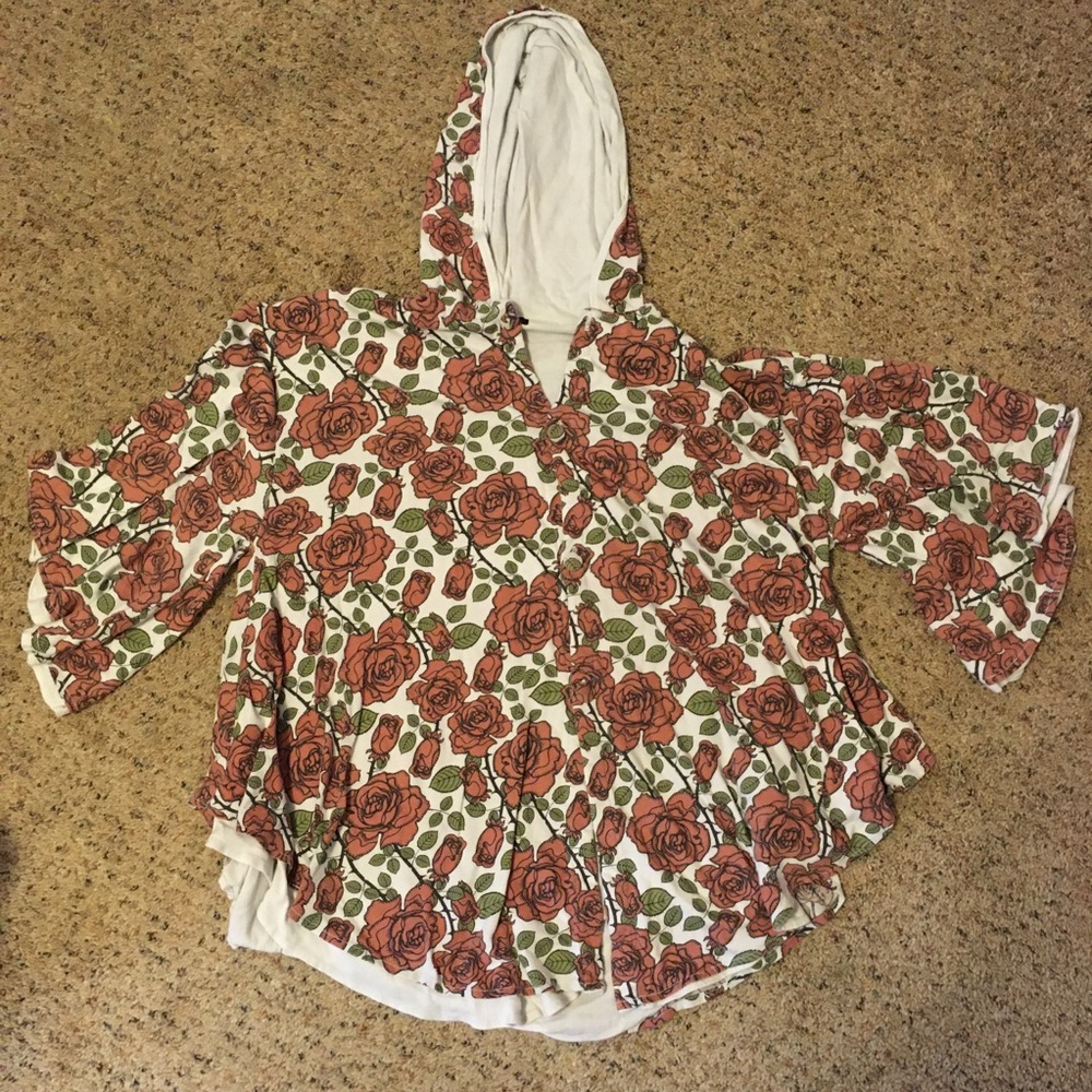 Wildfox rose print hooded button up poncho top